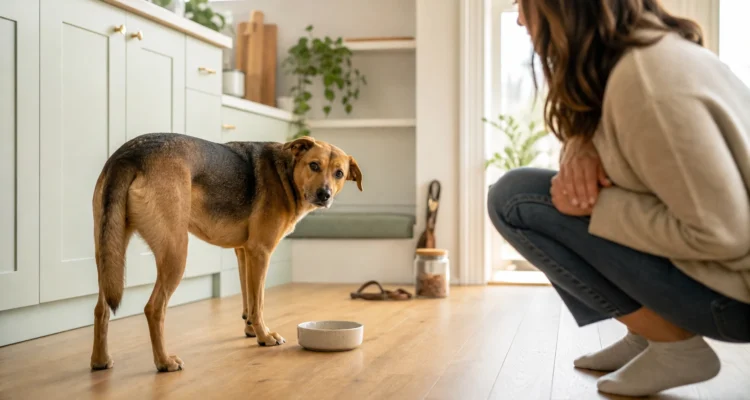Dog pauses beside an untouched food bowl while an owner calmly observes a change in routine.