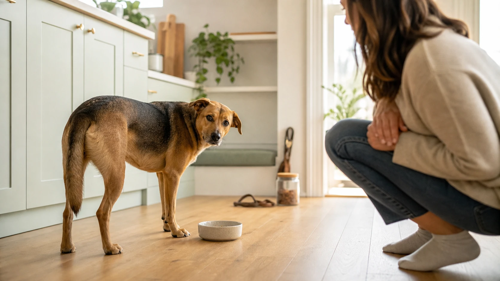Dog pauses beside an untouched food bowl while an owner calmly observes a change in routine.