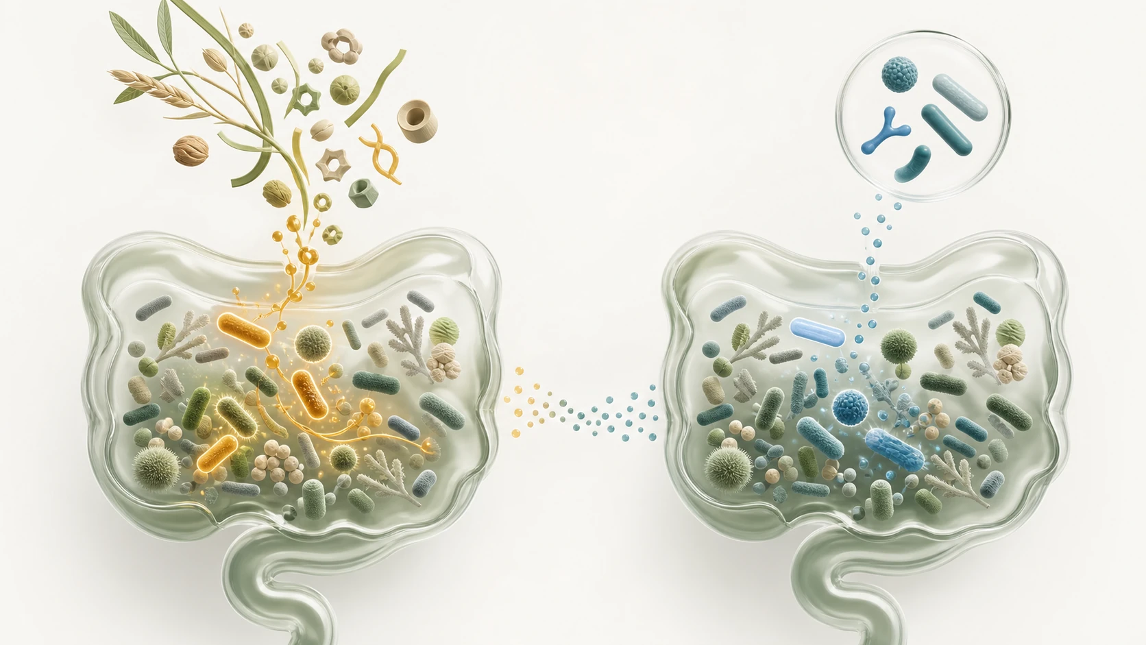 Scientific concept image contrasts substrate used by resident microbes with specific live microorganisms introduced to an ecosystem.