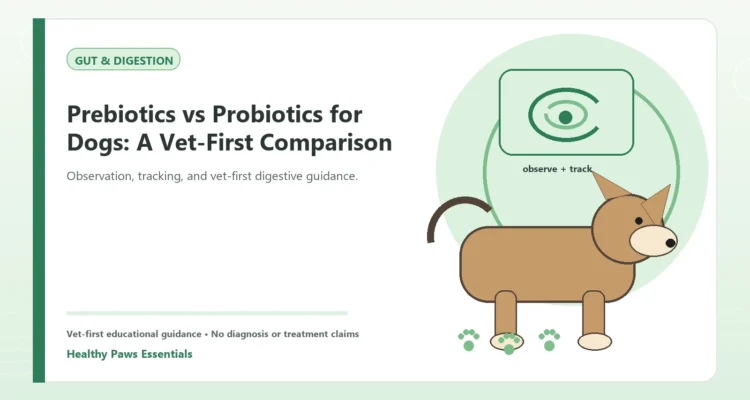 Custom Healthy Paws Essentials illustration for Prebiotics vs Probiotics for Dogs: A Vet-First Comparison, showing a dog and a vet-first care planning concept.