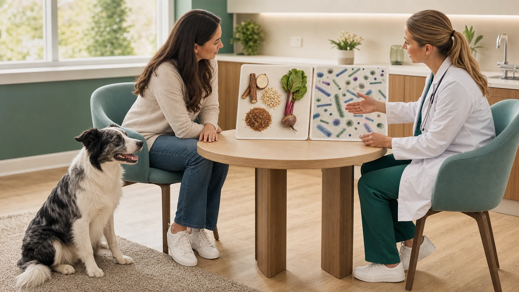 Veterinarian and dog owner compare plant-fiber and live-microorganism concepts while a dog rests nearby.