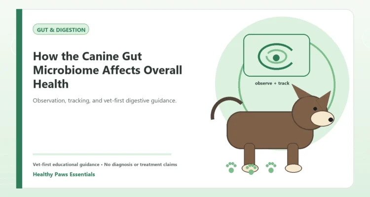 Custom Healthy Paws Essentials illustration for How the Canine Gut Microbiome Affects Overall Health, showing a dog and a vet-first care planning concept.