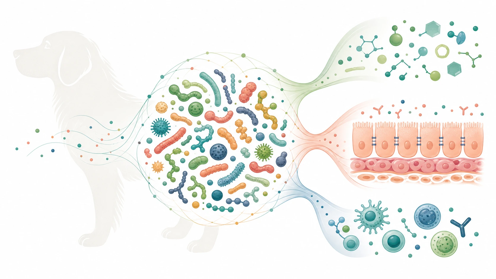 Scientific illustration shows a diverse canine microbial ecosystem interacting with metabolites, the intestinal barrier, and immune pathways.