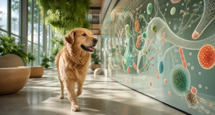 Healthy dog walks beside an artistic installation representing a diverse canine gut microbial ecosystem.