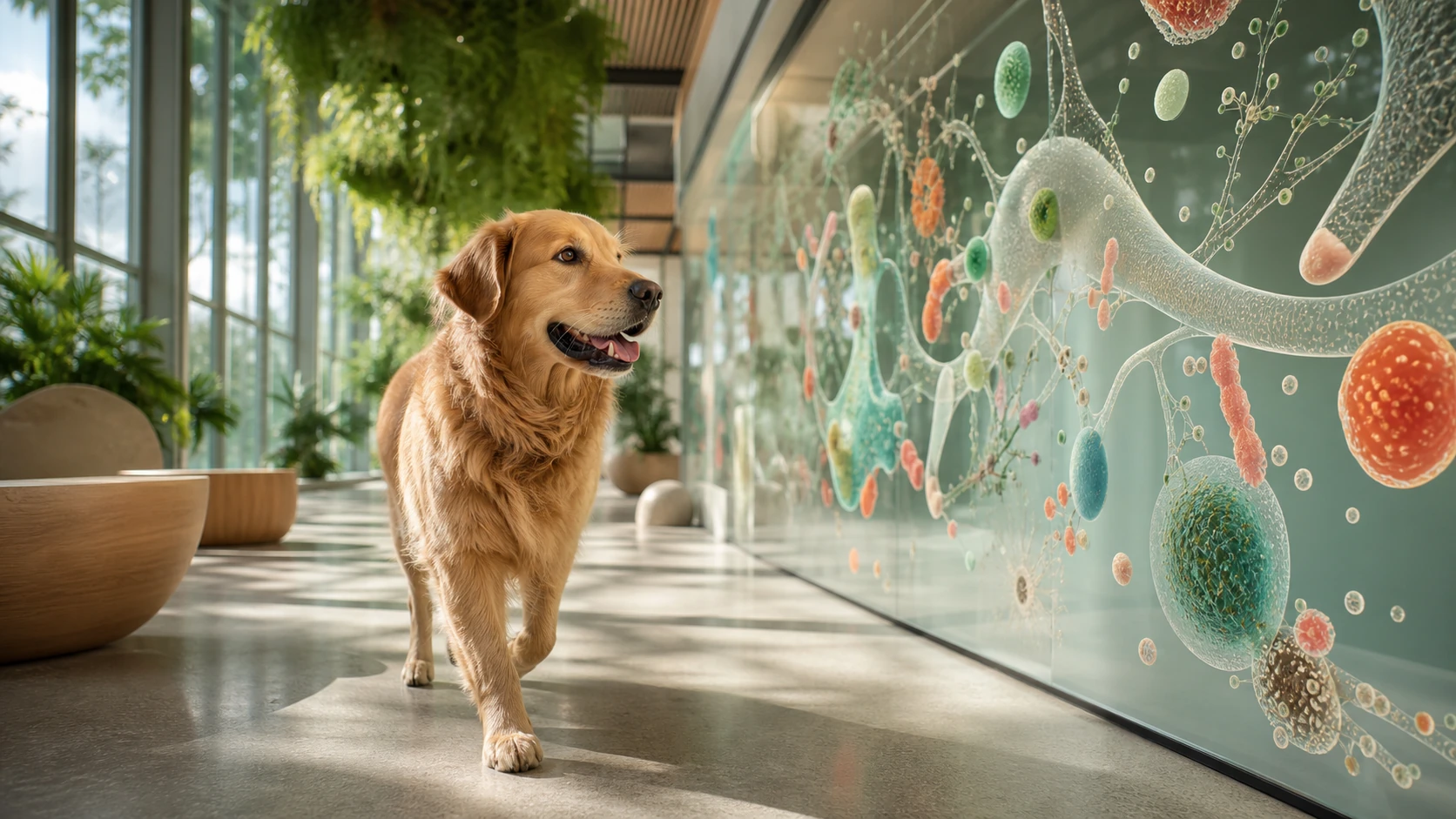 Healthy dog walks beside an artistic installation representing a diverse canine gut microbial ecosystem.