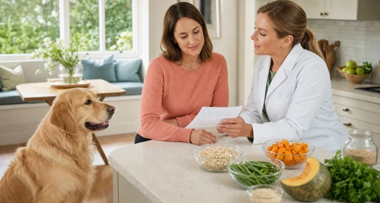 Dog owner and veterinary nutritionist review a diet history beside a golden retriever and several unbranded fiber-rich foods.