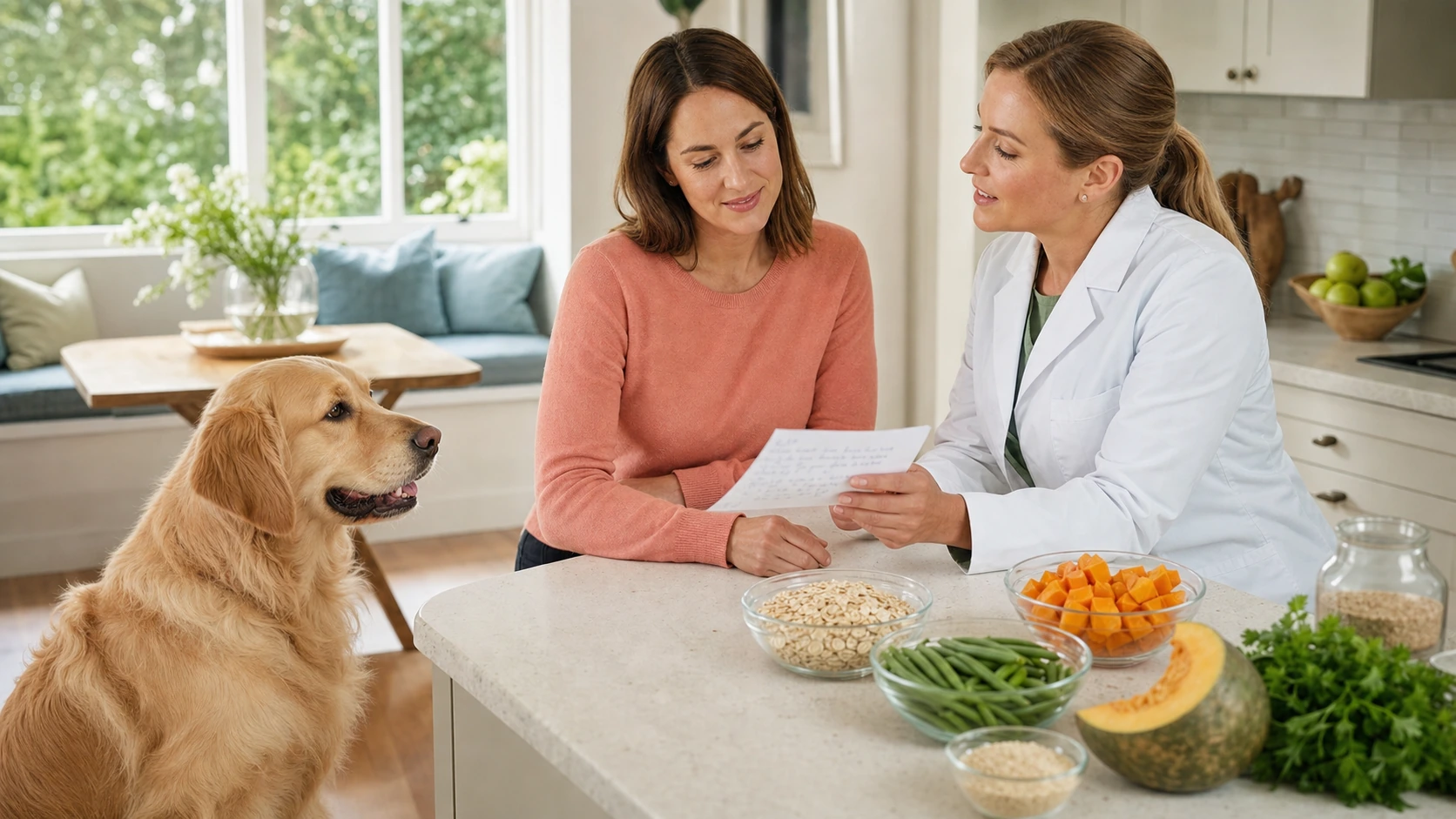 Dog owner and veterinary nutritionist review a diet history beside a golden retriever and several unbranded fiber-rich foods.
