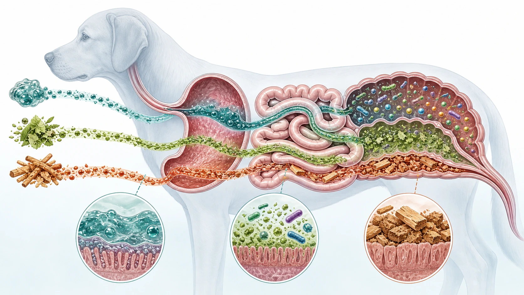 Scientific illustration compares soluble, fermentable, and insoluble fiber pathways through a canine digestive tract.