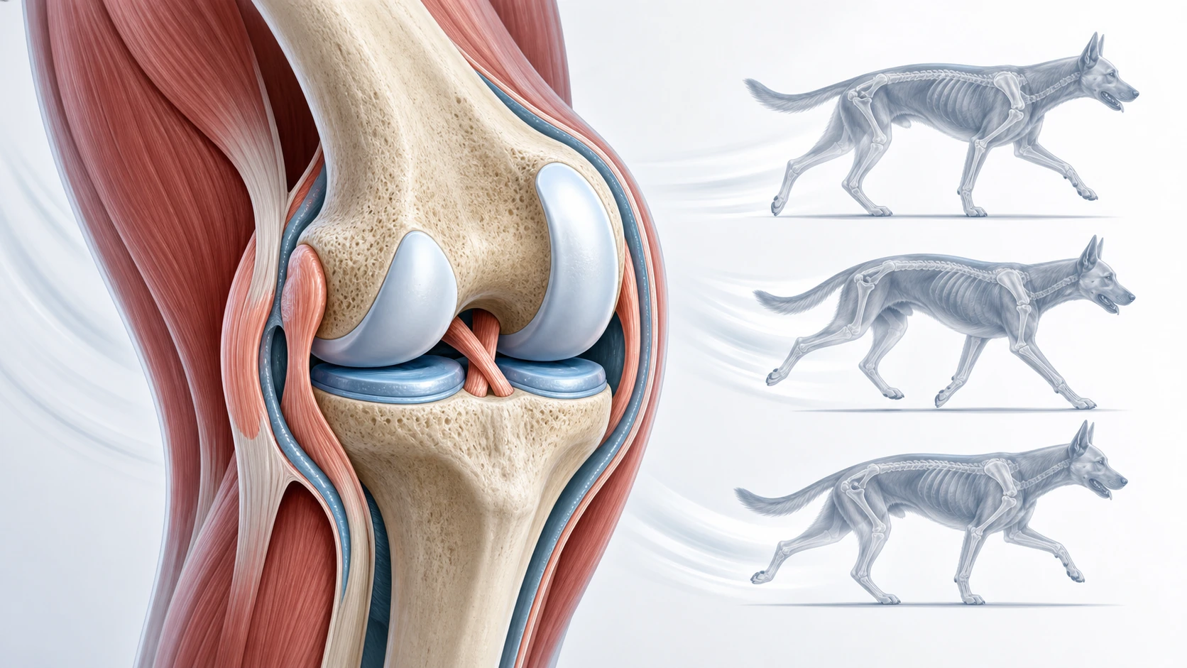 Scientific illustration pairs a canine synovial joint cutaway with three positions from a dog's walking gait.