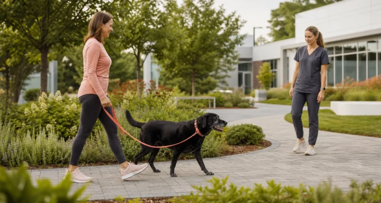 Black Labrador walks beside an owner while a canine rehabilitation veterinarian observes the dog's stride in a clinic garden.