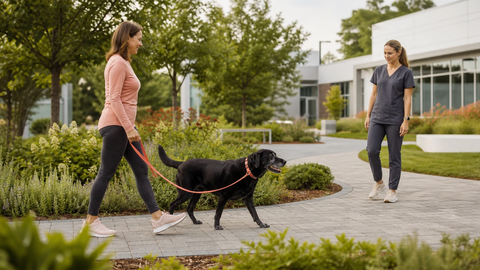 Black Labrador walks beside an owner while a canine rehabilitation veterinarian observes the dog's stride in a clinic garden.