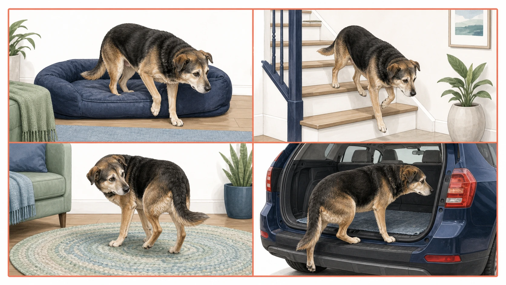 Four-panel illustration shows the same senior dog rising, using stairs, turning on a rug, and entering a car.