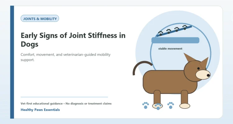 Custom Healthy Paws Essentials illustration for Early Signs of Joint Stiffness in Dogs, showing a dog and a vet-first care planning concept.
