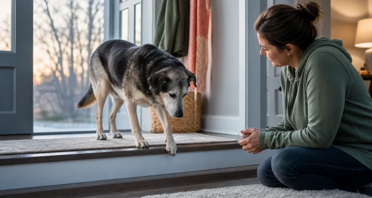 Older mixed-breed dog pauses at a low home threshold while the owner calmly observes the dog's movement.