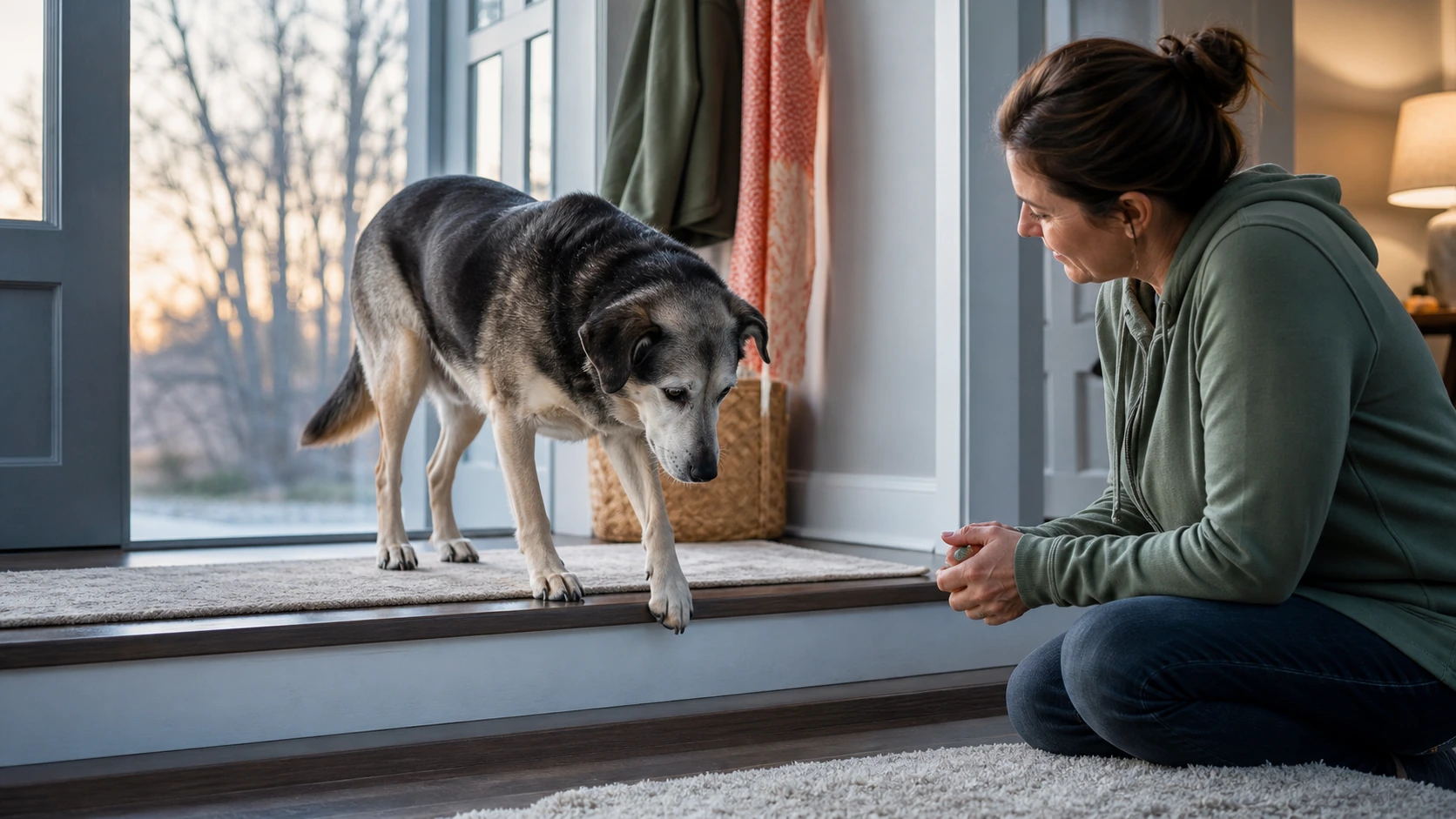 Older mixed-breed dog pauses at a low home threshold while the owner calmly observes the dog's movement.