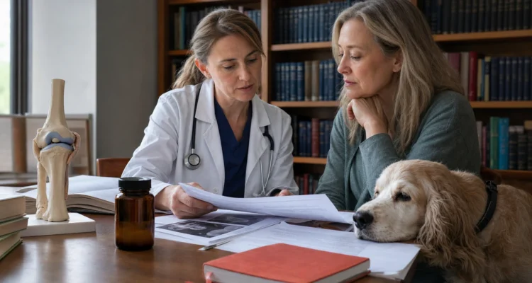 Veterinarian and dog owner review research beside a canine joint model while a senior spaniel rests at the library table.