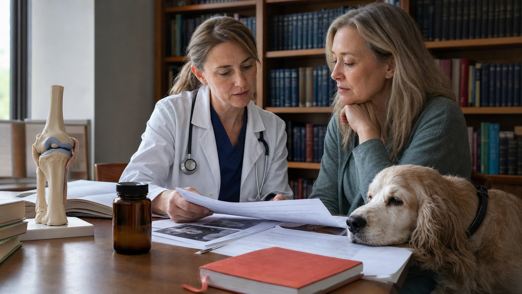 Veterinarian and dog owner review research beside a canine joint model while a senior spaniel rests at the library table.