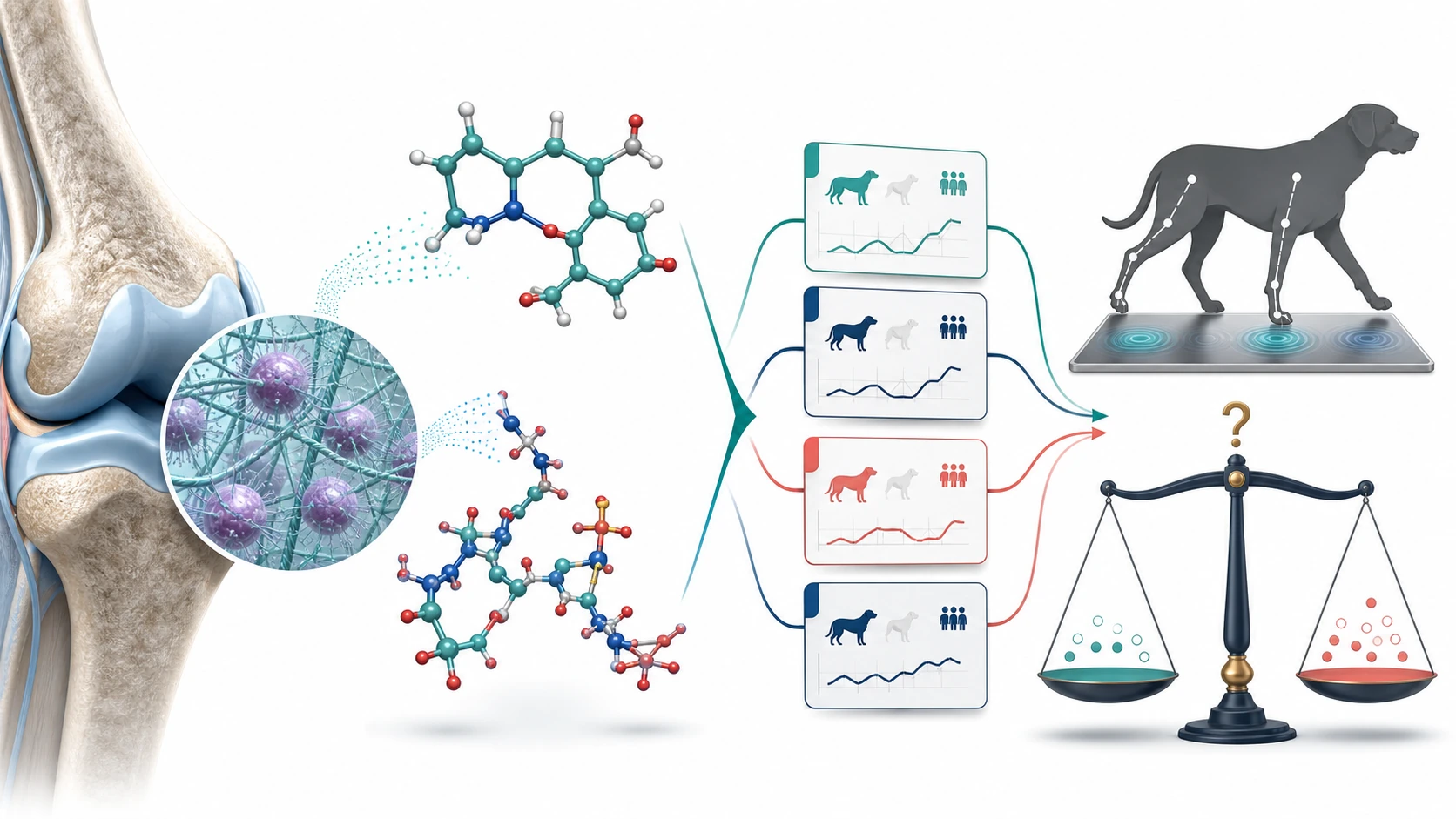 Scientific illustration moves from joint-cartilage molecules through varied clinical studies to a cautious mixed-evidence scale.