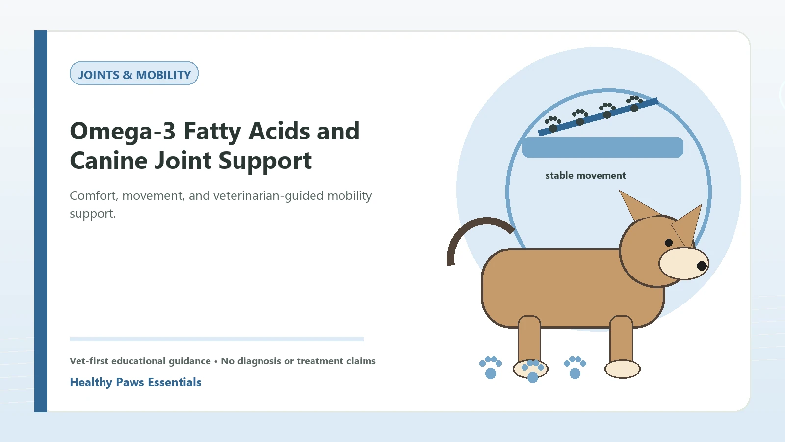 Custom Healthy Paws Essentials illustration for Omega-3 Fatty Acids and Canine Joint Support, showing a dog and a vet-first care planning concept.