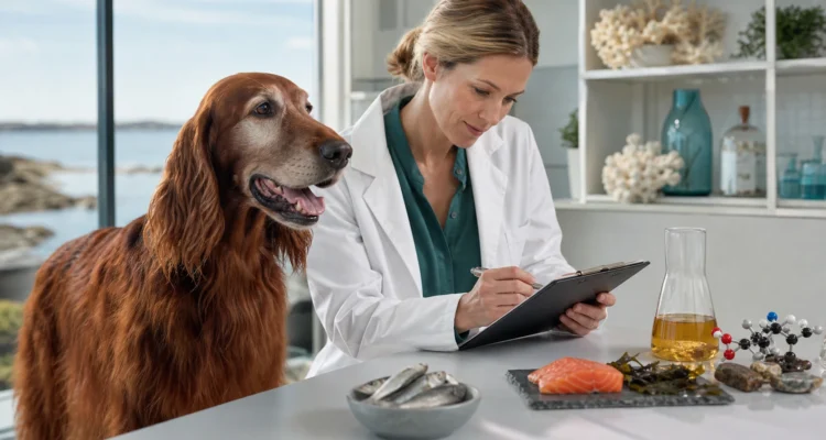Older Irish setter stands beside a veterinary nutritionist reviewing diet history and generic marine omega-3 food sources.