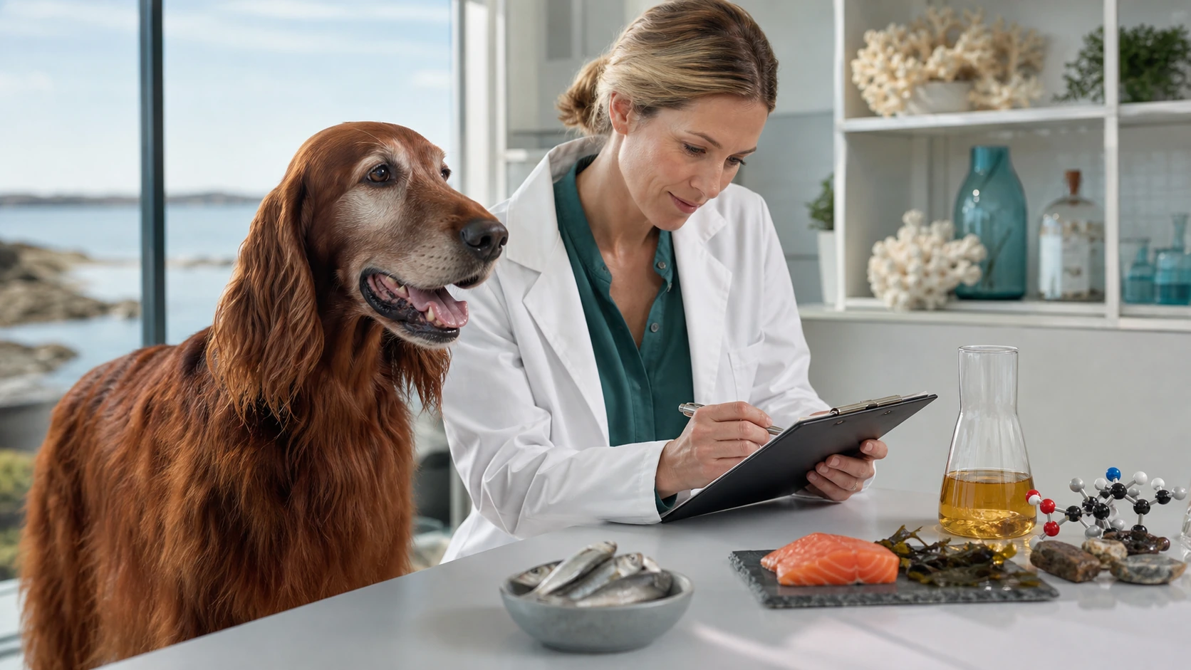 Older Irish setter stands beside a veterinary nutritionist reviewing diet history and generic marine omega-3 food sources.