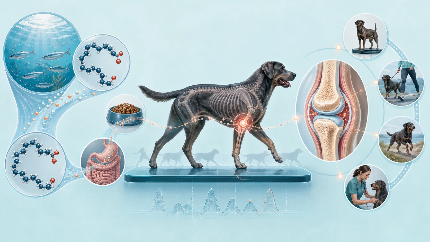 Scientific illustration traces marine EPA and DHA through a dog's diet toward a canine joint, gait assessment, and multimodal care cues.