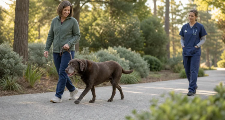 Senior chocolate Labrador walks at an easy pace beside an owner while a rehabilitation veterinarian observes the dog's stride.