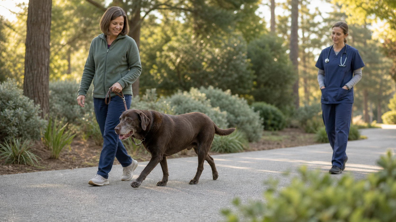 Senior chocolate Labrador walks at an easy pace beside an owner while a rehabilitation veterinarian observes the dog's stride.