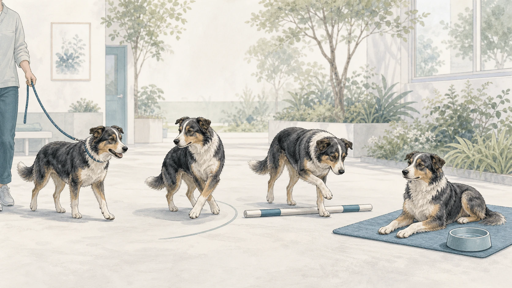 Four-part illustration shows a dog walking slowly, turning widely, stepping over a low pole, and recovering on a nonslip mat.
