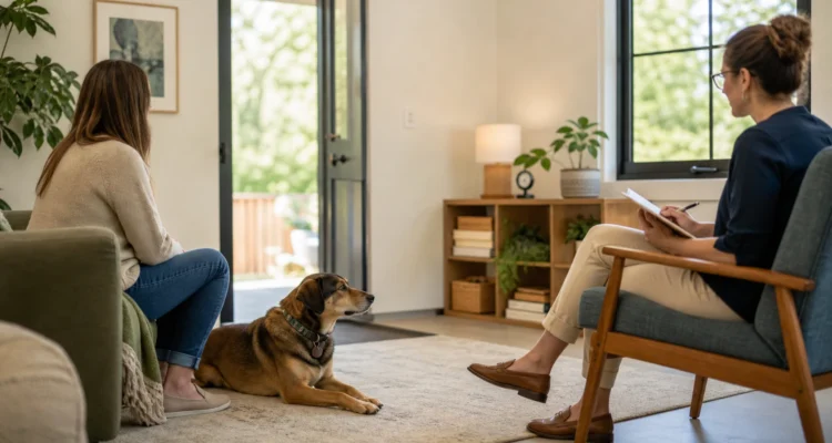 Dog rests near an owner while observing an open doorway during a respectful veterinary behavior consultation.
