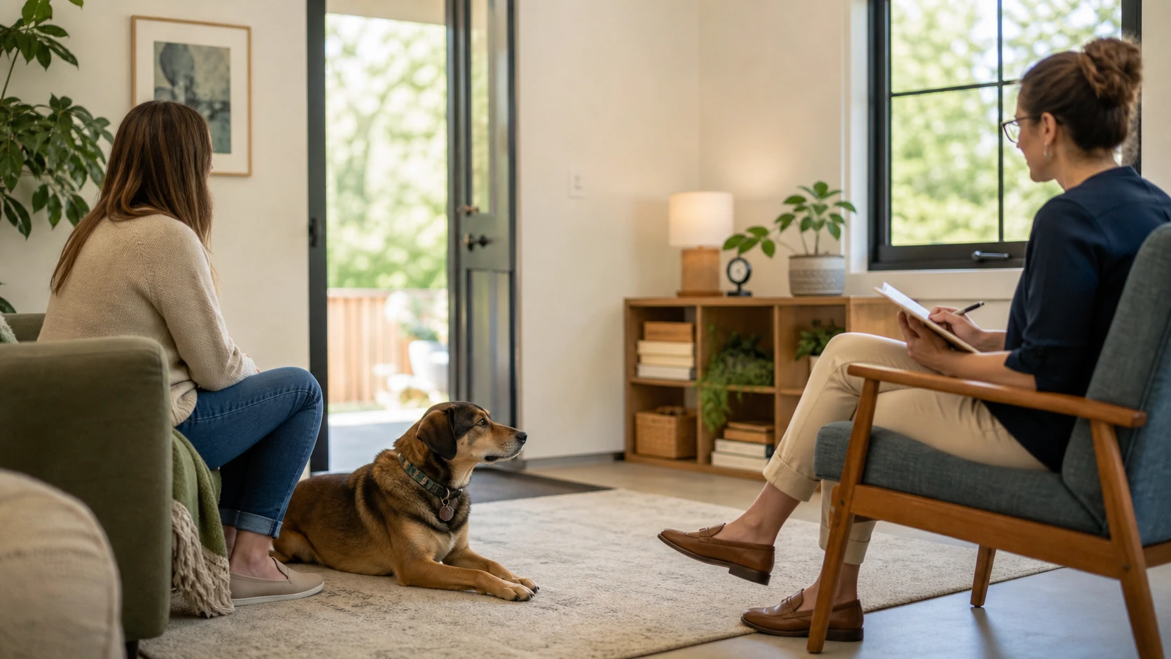 Dog rests near an owner while observing an open doorway during a respectful veterinary behavior consultation.