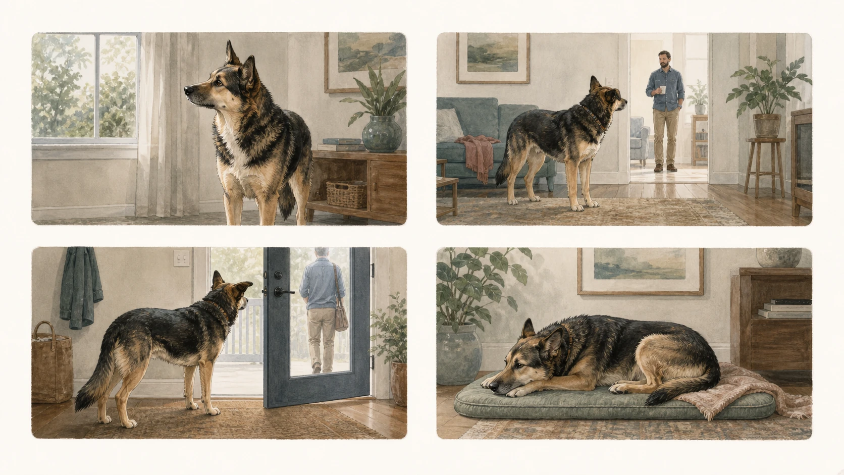 Four-panel illustration shows a dog responding to a sound, visitor, departure cue, and then decompressing on a mat.