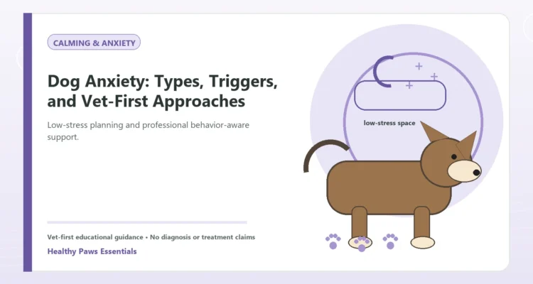 Custom Healthy Paws Essentials illustration for Dog Anxiety: Types, Triggers, and Vet-First Approaches, showing a dog and a vet-first care planning concept.