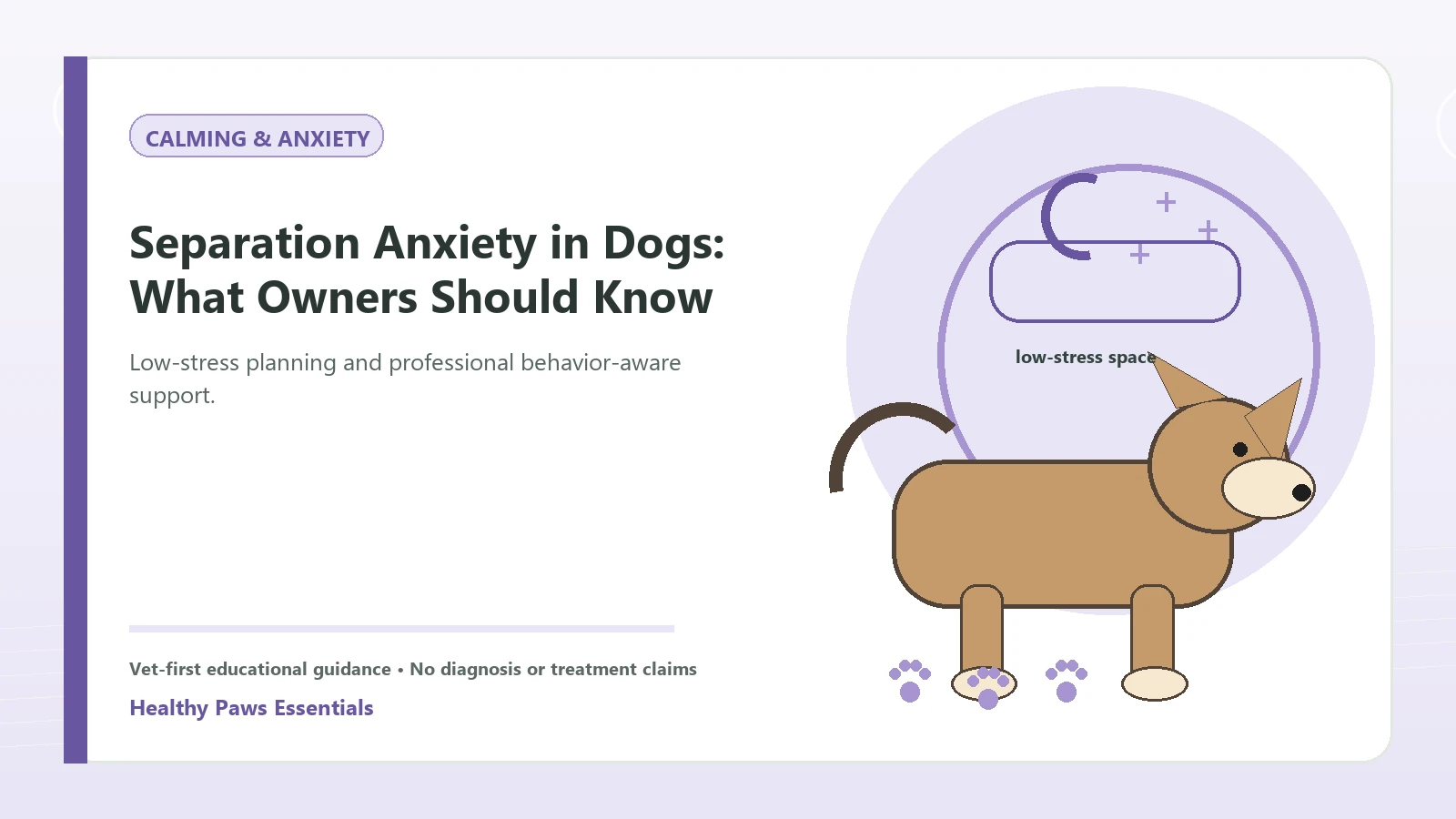 Custom Healthy Paws Essentials illustration for Separation Anxiety in Dogs: What Owners Should Know, showing a dog and a vet-first care planning concept.