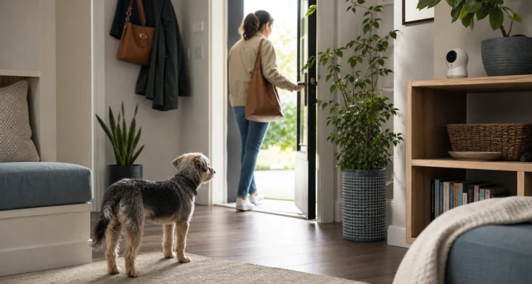 Terrier watches an owner prepare to leave while a home camera is positioned to record the dog's response.