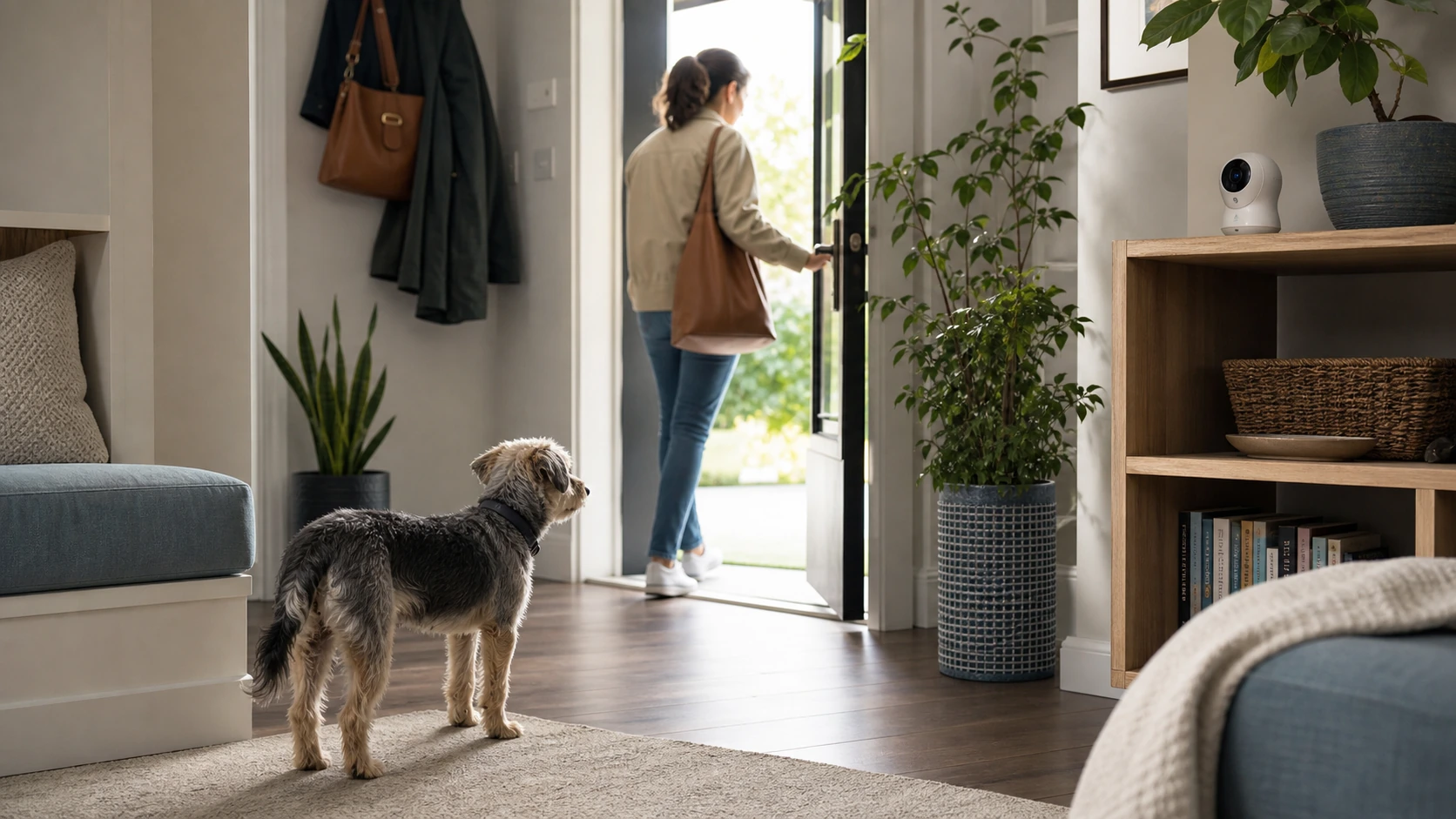 Terrier watches an owner prepare to leave while a home camera is positioned to record the dog's response.