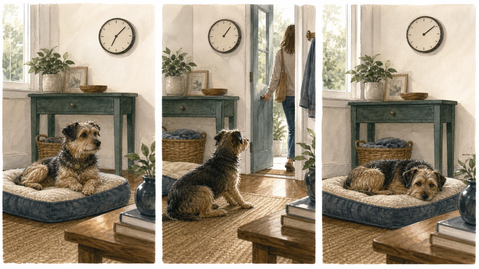 Three panels show a terrier settled before departure, watching a brief exit, and relaxing again on a bed.