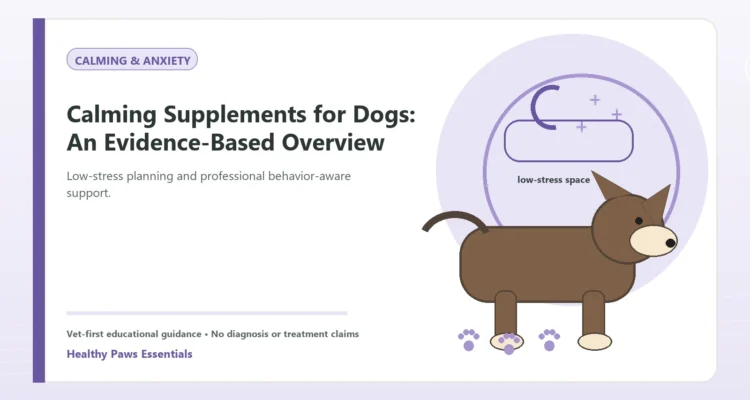 Custom Healthy Paws Essentials illustration for Calming Supplements for Dogs: An Evidence-Based Overview, showing a dog and a vet-first care planning concept.