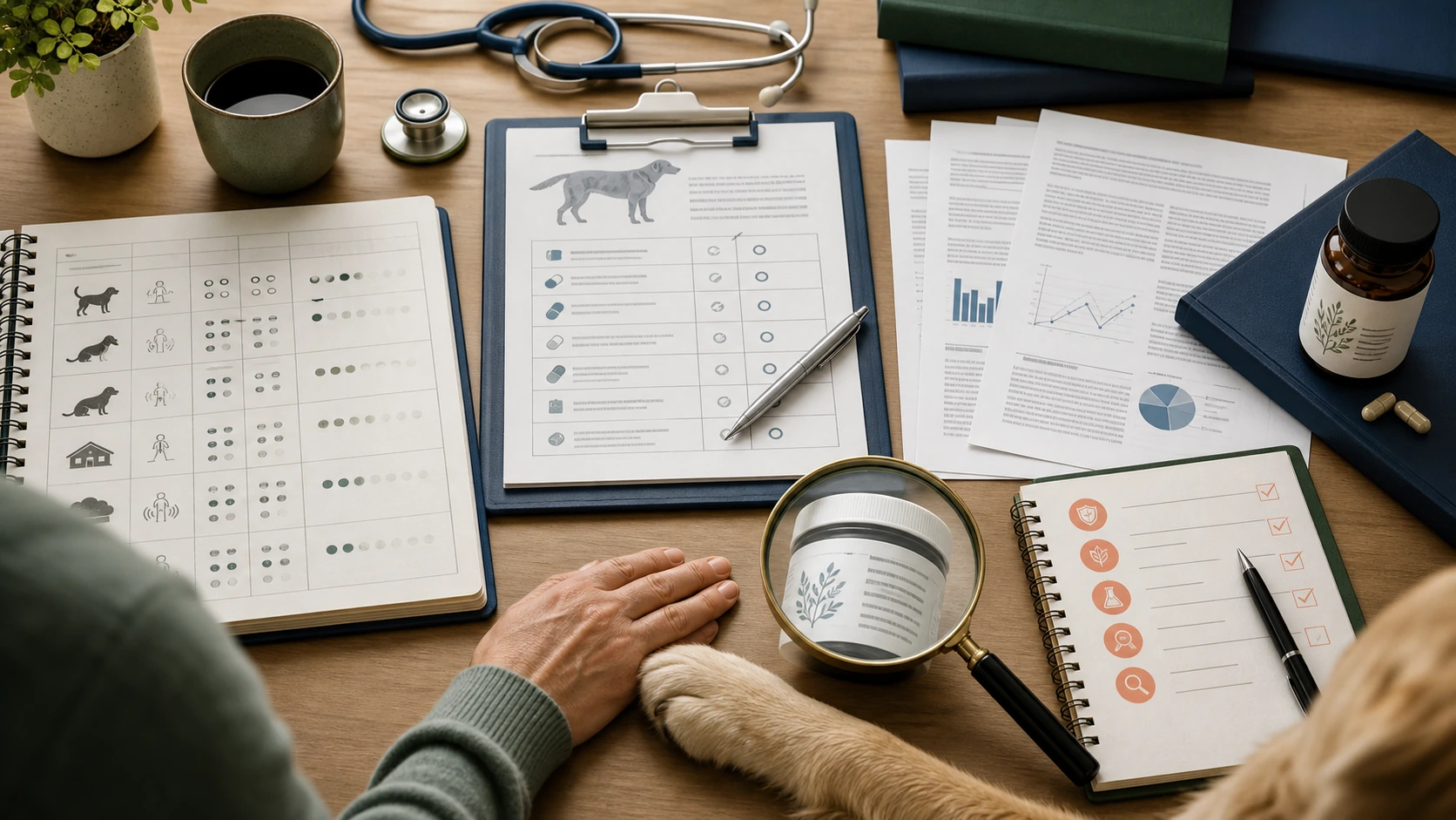 Evidence-review desk includes a behavior log, medication list, ingredient label, research papers, and safety checklist beside a dog's paw.
