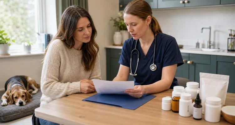 Veterinarian and dog owner review a medication list and several unbranded supplement forms while a beagle rests nearby.