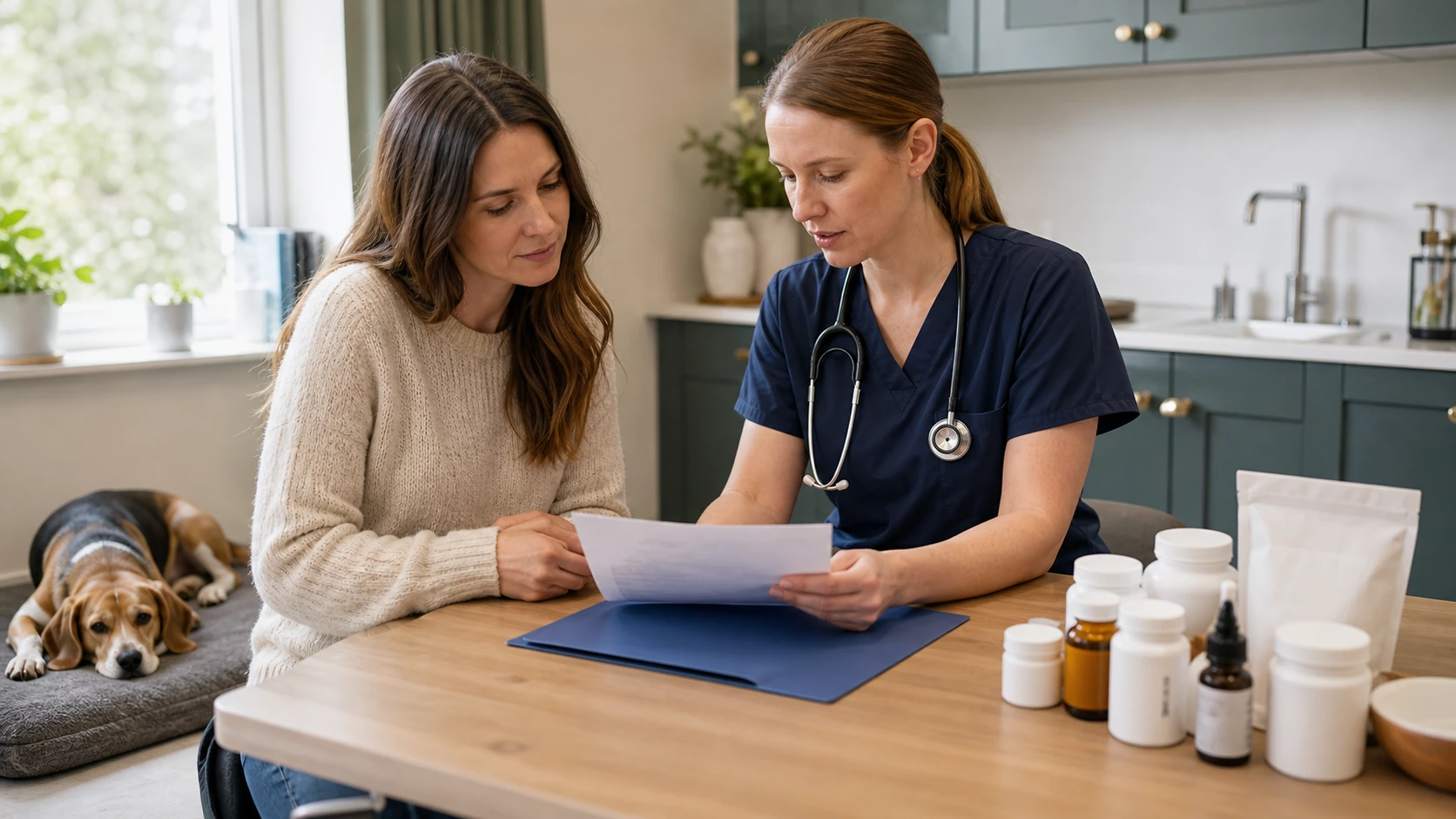 Veterinarian and dog owner review a medication list and several unbranded supplement forms while a beagle rests nearby.