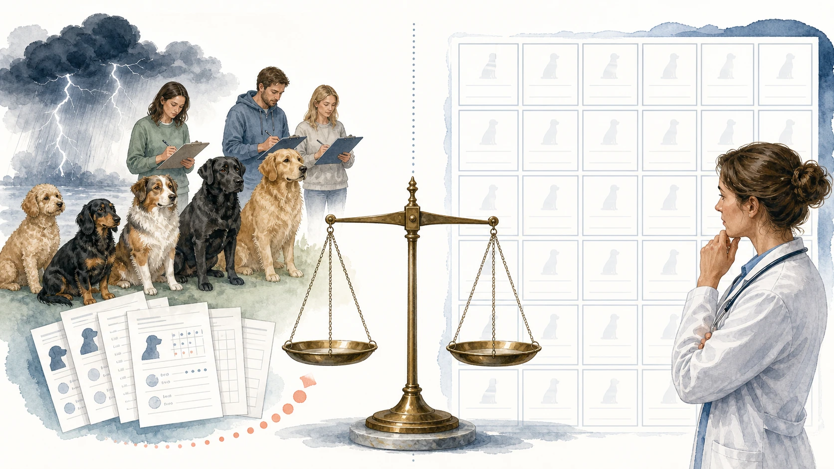 Illustration contrasts one modest canine study with many unfilled evidence slots and a veterinarian reviewing the gap.
