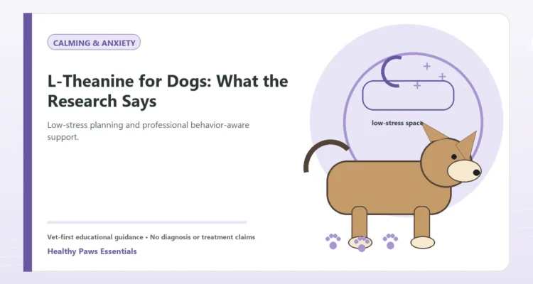 Custom Healthy Paws Essentials illustration for L-Theanine for Dogs: What the Research Says, showing a dog and a vet-first care planning concept.