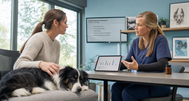 Veterinary behavior clinician discusses a research chart with a dog owner while a border collie rests nearby.