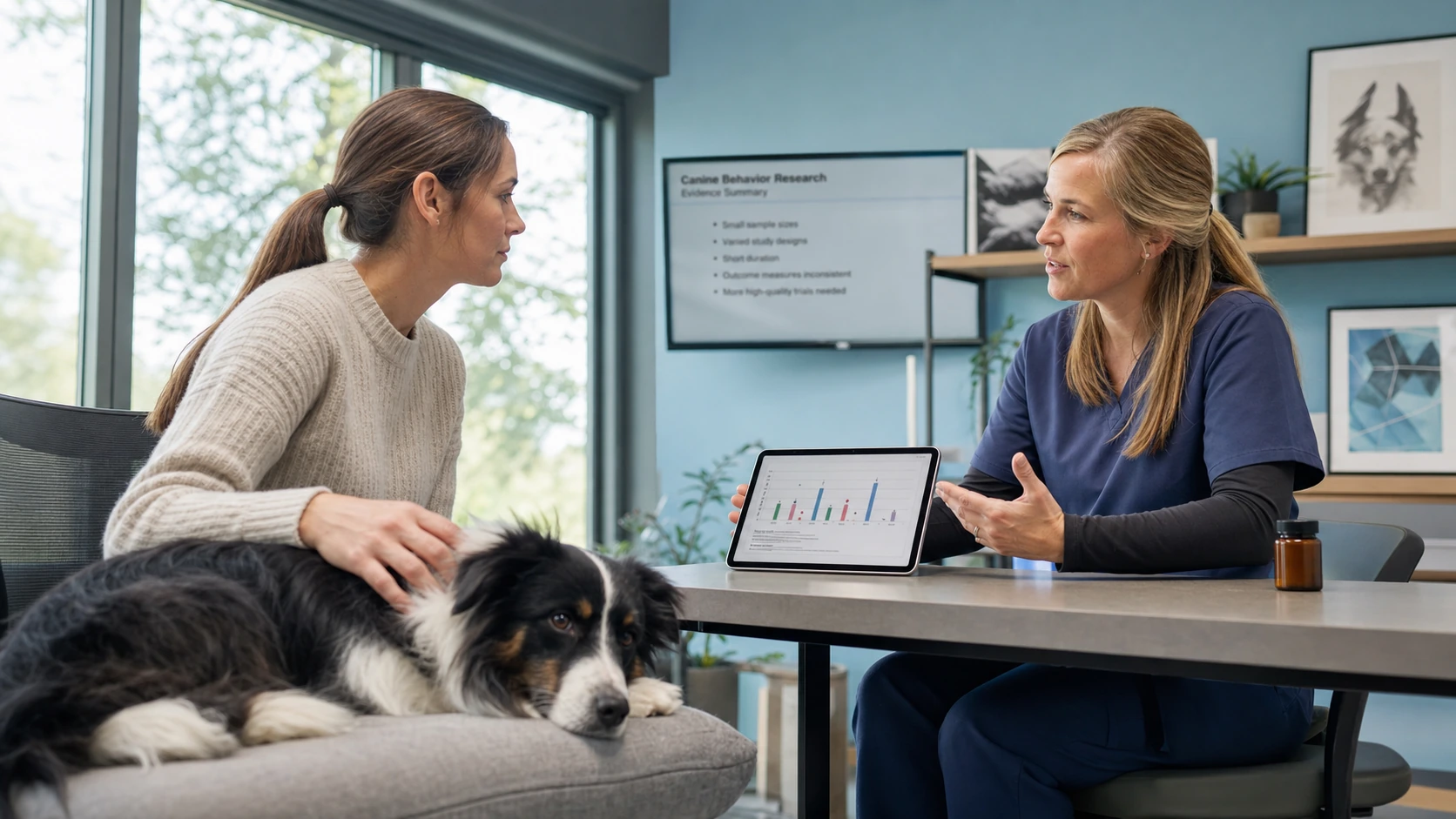 Veterinary behavior clinician discusses a research chart with a dog owner while a border collie rests nearby.