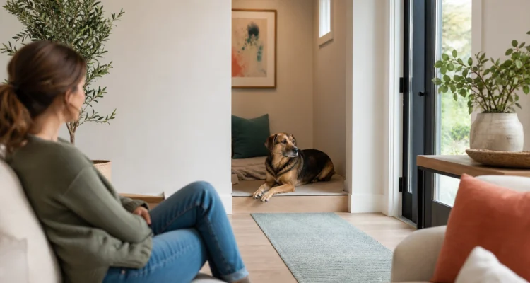 An anxious dog chooses to rest in a quiet open alcove while an owner sits nearby without reaching toward the dog.