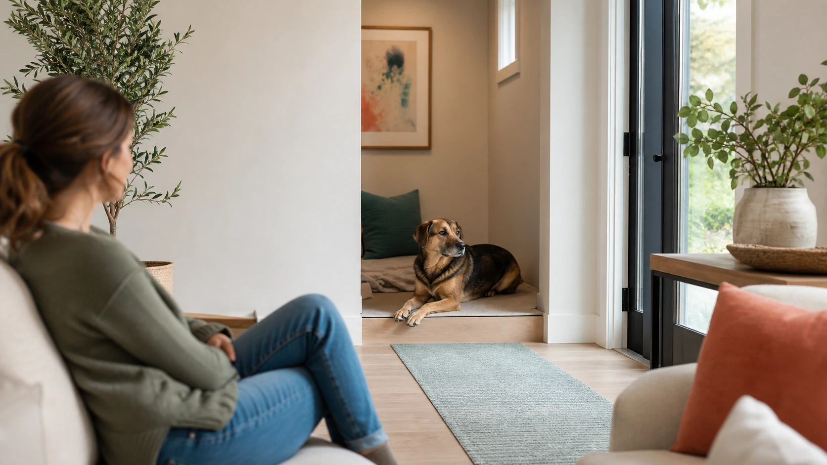 An anxious dog chooses to rest in a quiet open alcove while an owner sits nearby without reaching toward the dog.
