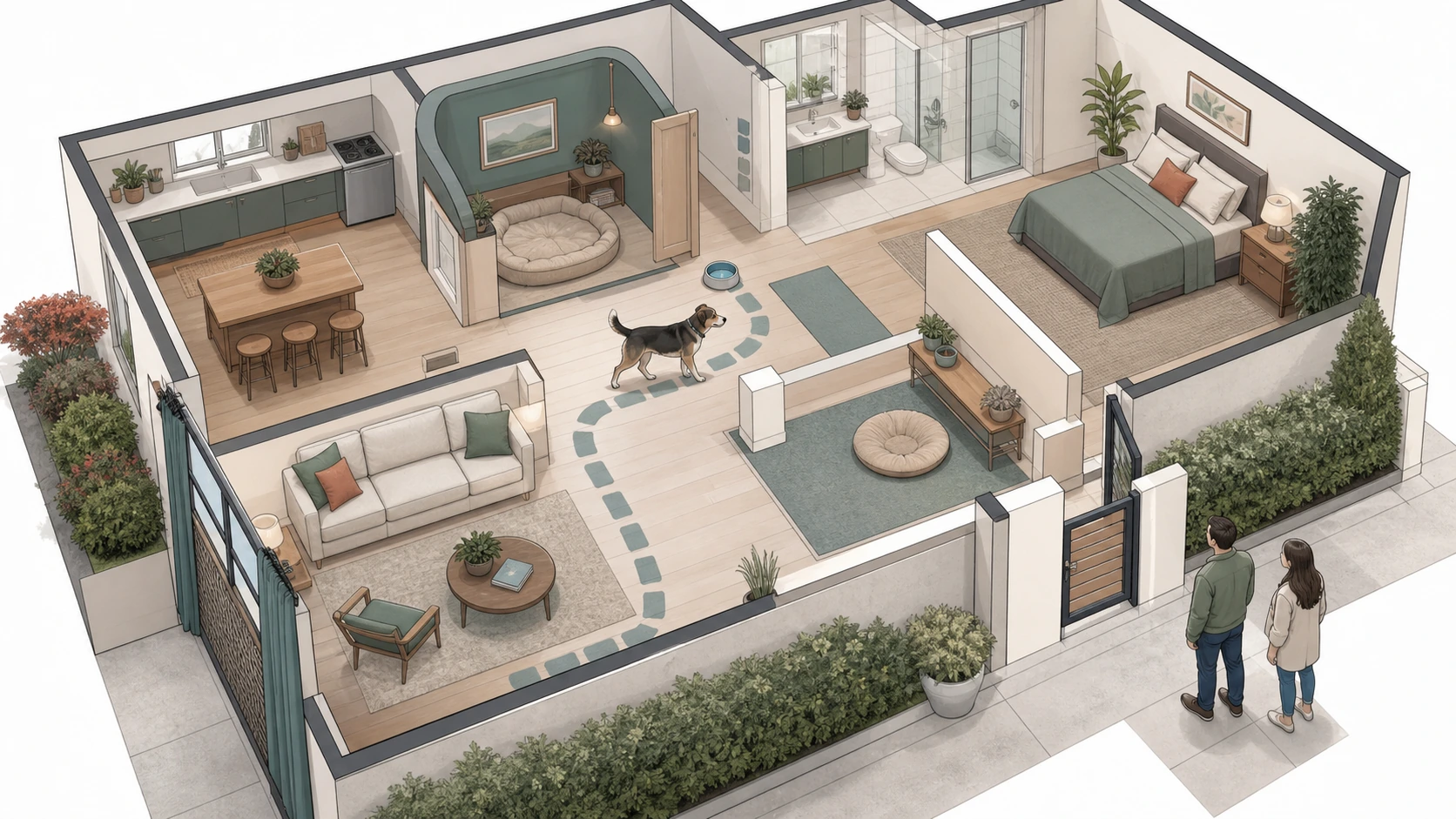 Cutaway home illustration maps a quiet retreat, visual barrier, nonslip route, water station, and low-traffic exit for a worried dog.