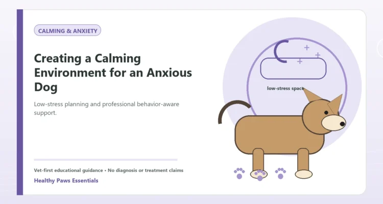 Custom Healthy Paws Essentials illustration for Creating a Calming Environment for an Anxious Dog, showing a dog and a vet-first care planning concept.