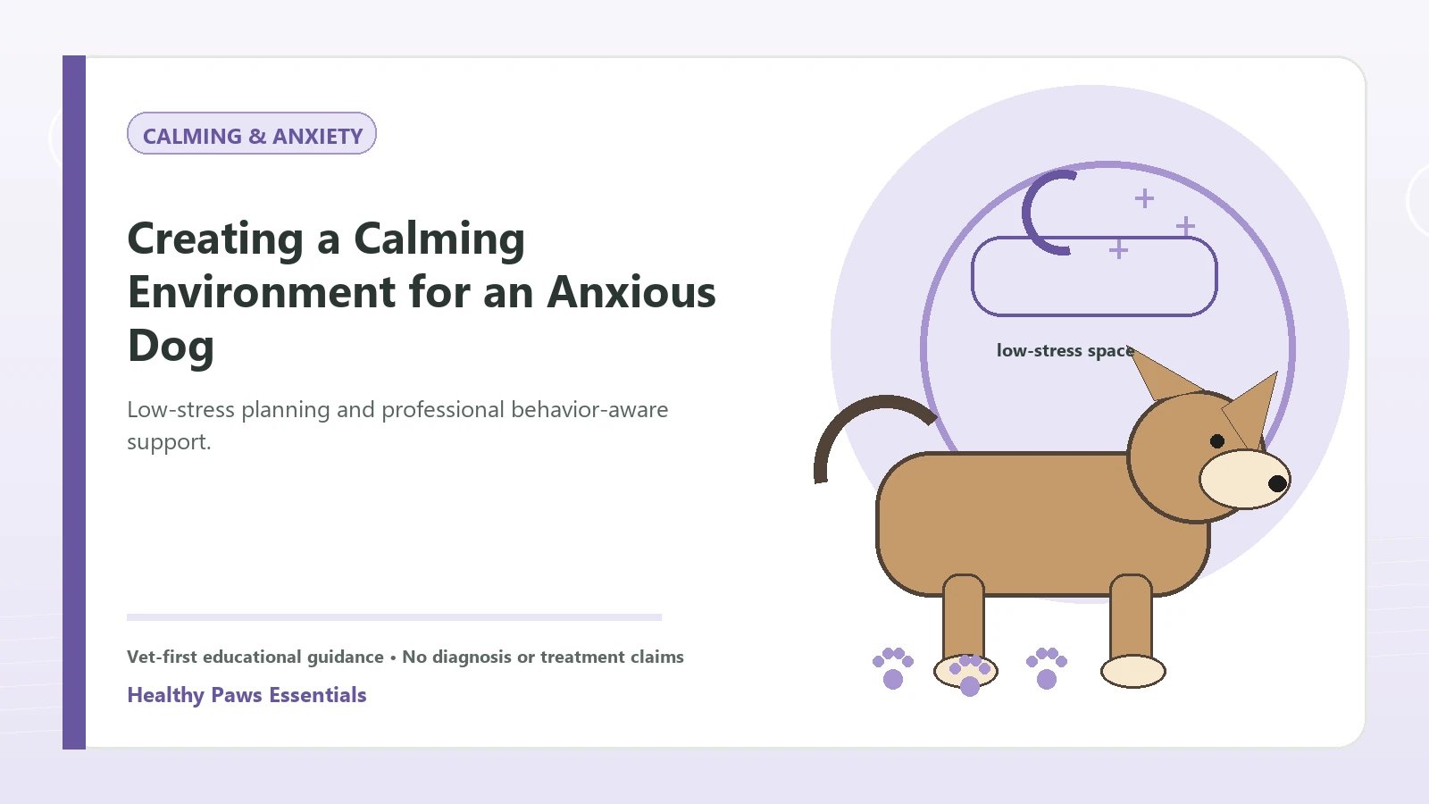 Custom Healthy Paws Essentials illustration for Creating a Calming Environment for an Anxious Dog, showing a dog and a vet-first care planning concept.